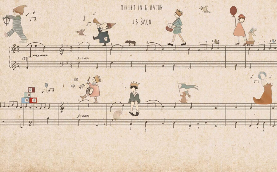 Foaie de muzică cu desene de oameni care cântă la instrumente