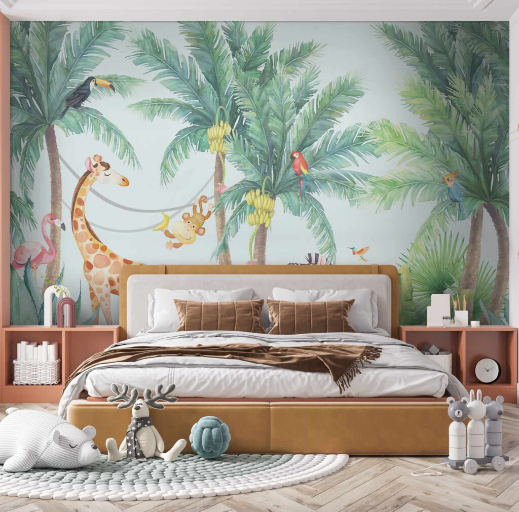 Giraffe and zebra in a jungle