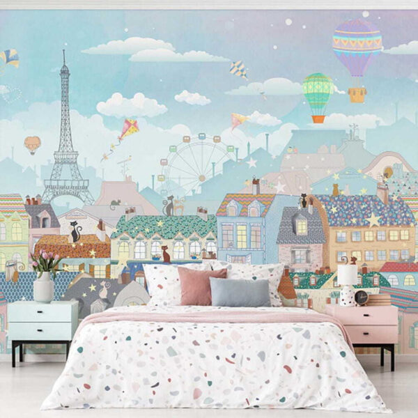 Fototapet Desen animat oraș cu multe clădiri și baloane cu aer cald