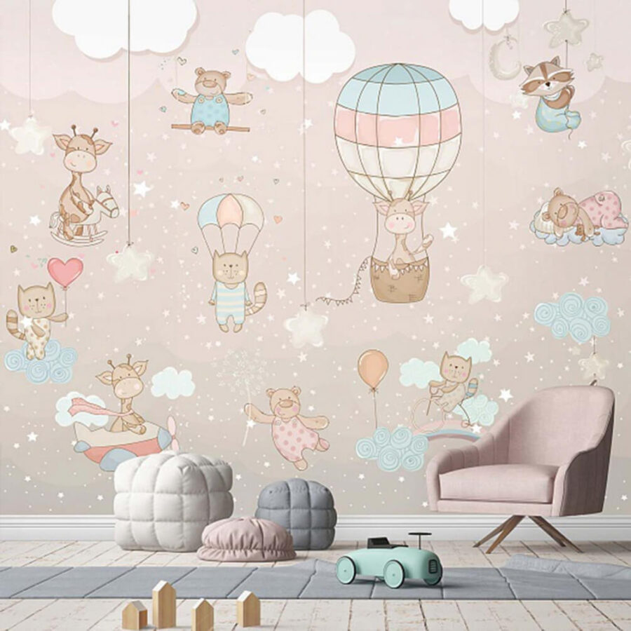 Wall mural de animale și baloane Wall mural de animale și baloane
