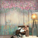 Fototapet Pictura de o pădure cu copaci și flori