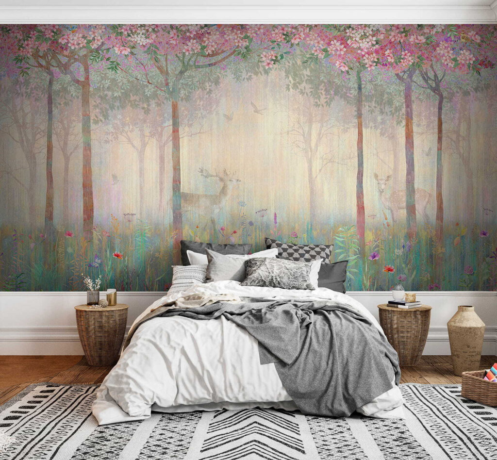 Painting of a forest with trees and flowers