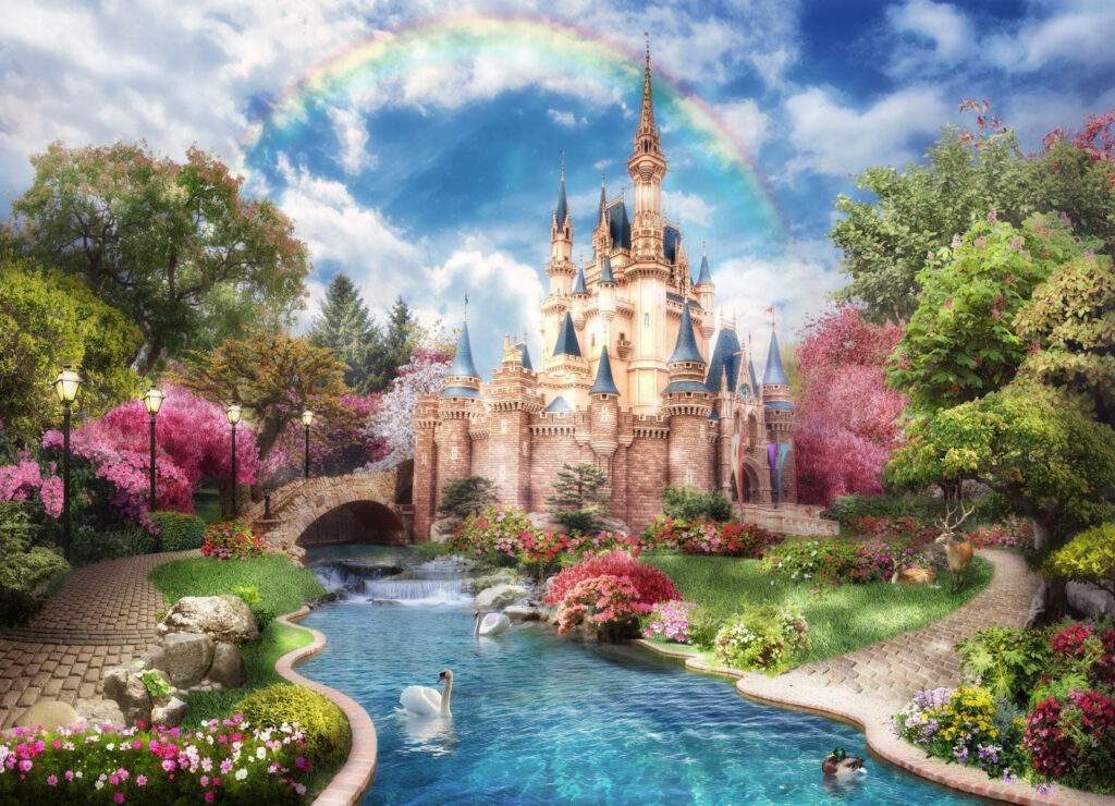 Castle with a pond and a rainbow