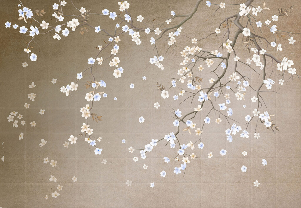Tree branch with white and blue flowers