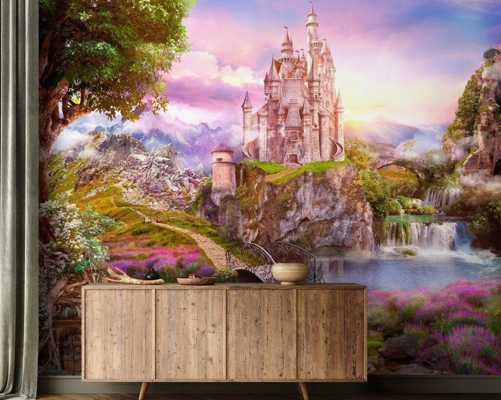 Castle on a cliff with a waterfall and a bridge Castle on a cliff with a waterfall and a bridge