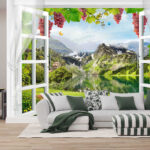 Fototapet Fereastră cu vedere la un lac și la munți