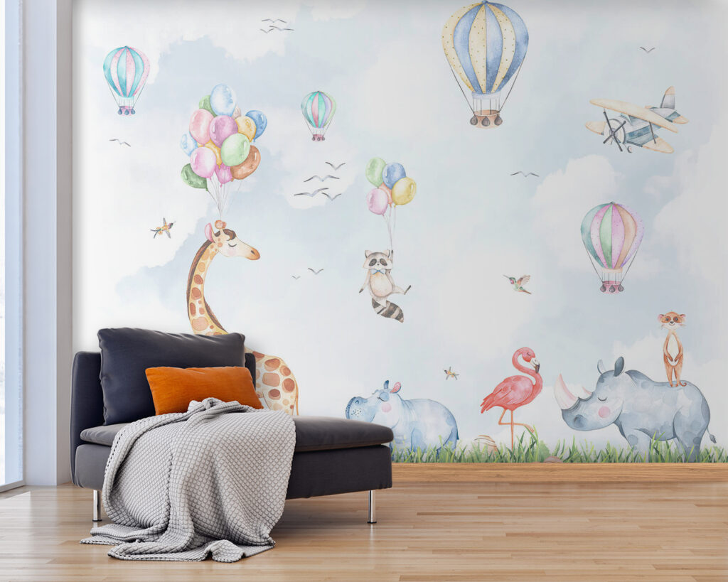 Watercolor of animals and balloons