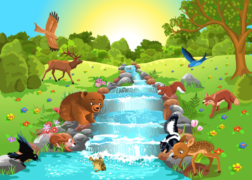 Desen animat de animale într-un flux Desen animat de animale într-un flux