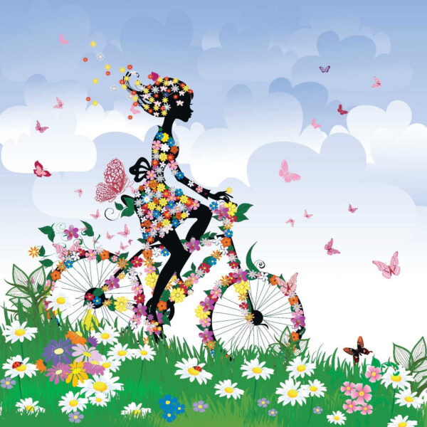 Femeie pe o bicicletă cu flori Femeie pe o bicicletă cu flori