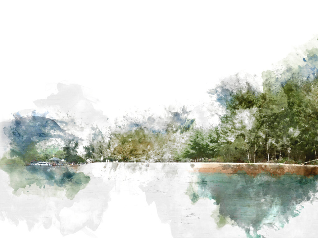 Acuarelă a unui lac cu copaci și munți în fundal Acuarelă a unui lac cu copaci și munți în fundal
