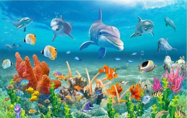 Grup de pești și delfini înotând în ocean Grup de pești și delfini înotând în ocean