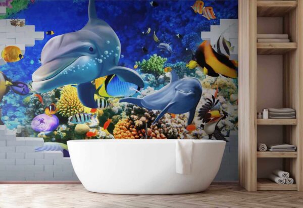 Mural cu un pește și delfini Mural cu un pește și delfini