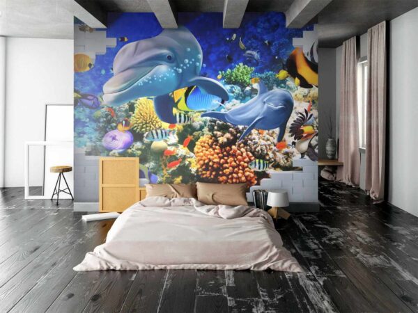 Mural cu un pește și delfini Mural cu un pește și delfini
