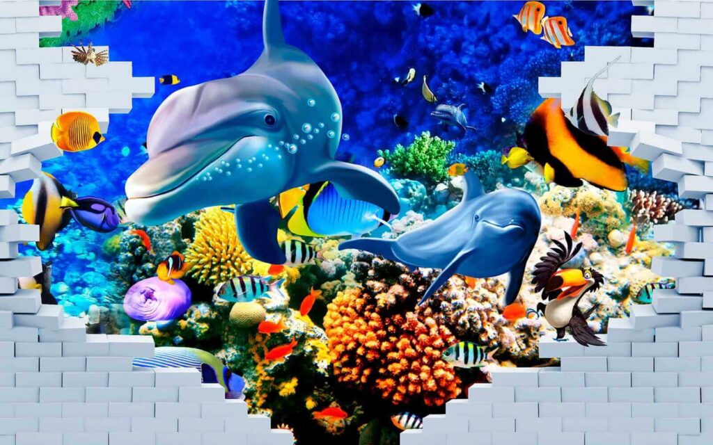 Mural cu un pește și delfini Mural cu un pește și delfini