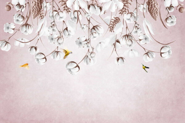Bird flying over cotton flowers