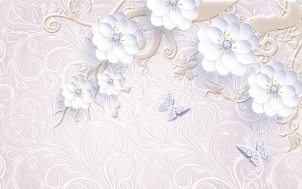 Wallpaper cu flori albe și fluturi Wallpaper cu flori albe și fluturi