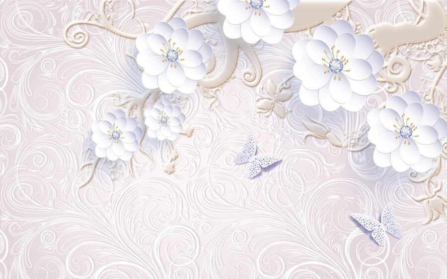 Wallpaper cu flori albe și fluturi