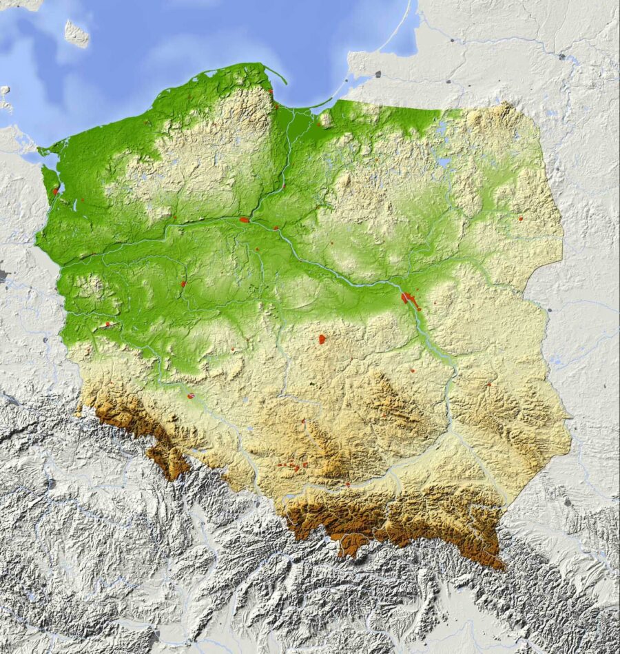 Harta Poloniei cu terenuri și ape