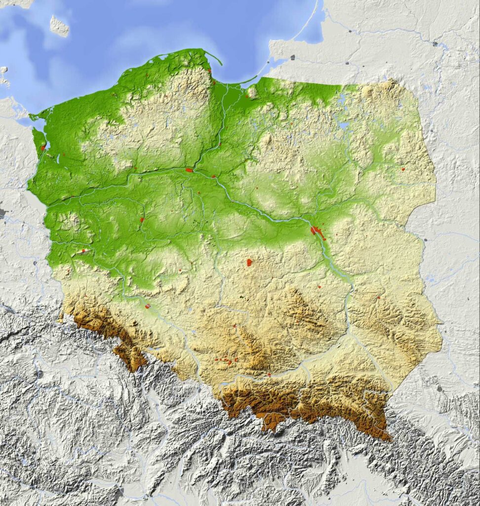 Harta Poloniei cu terenuri și ape Harta Poloniei cu terenuri și ape