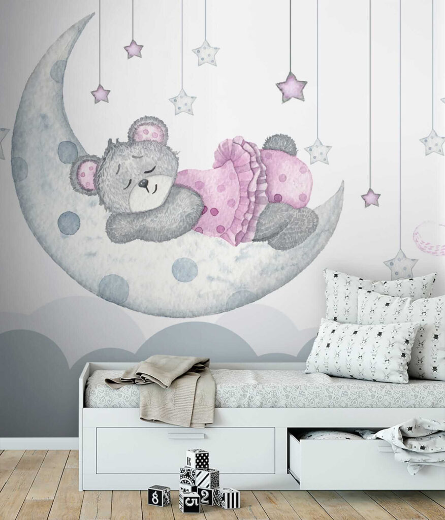 Teddy bear sleeping on the moon