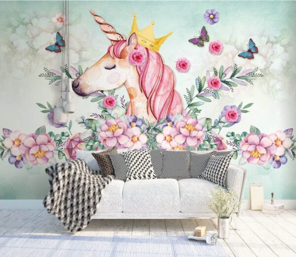 Acuarelă unicorn cu o coroană și flori Acuarelă unicorn cu o coroană și flori