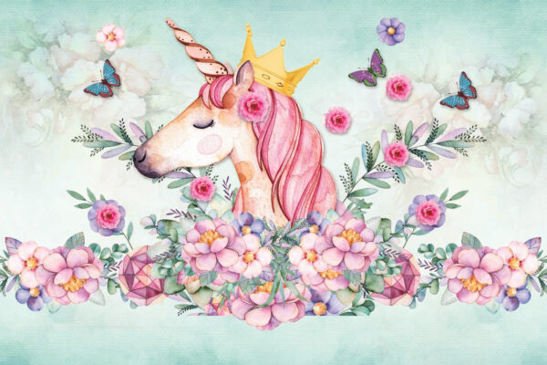 Acuarelă unicorn cu o coroană și flori Acuarelă unicorn cu o coroană și flori