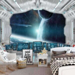 Fototapet Cameră cu ecrane și o vedere a pământului de la fereastră