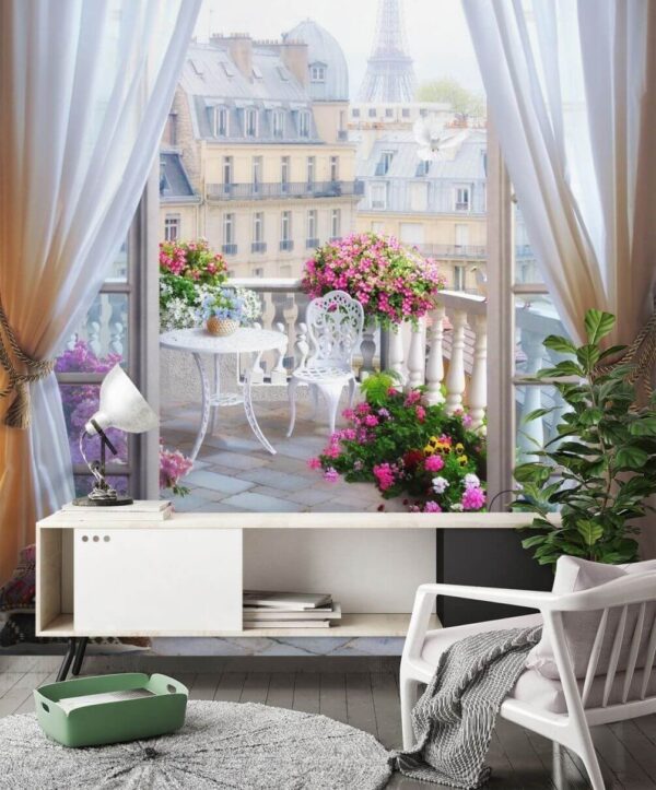 Vedere a unui balcon cu vedere la turnul Eiffel de la fereastră Vedere a unui balcon cu vedere la turnul Eiffel de la fereastră