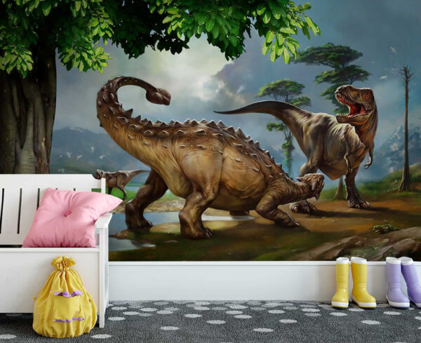 Pictură de dinozauri lângă un râu Pictură de dinozauri lângă un râu