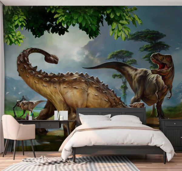 Pictură de dinozauri lângă un râu Pictură de dinozauri lângă un râu