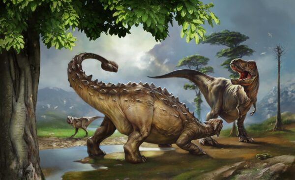 Pictură de dinozauri lângă un râu Pictură de dinozauri lângă un râu