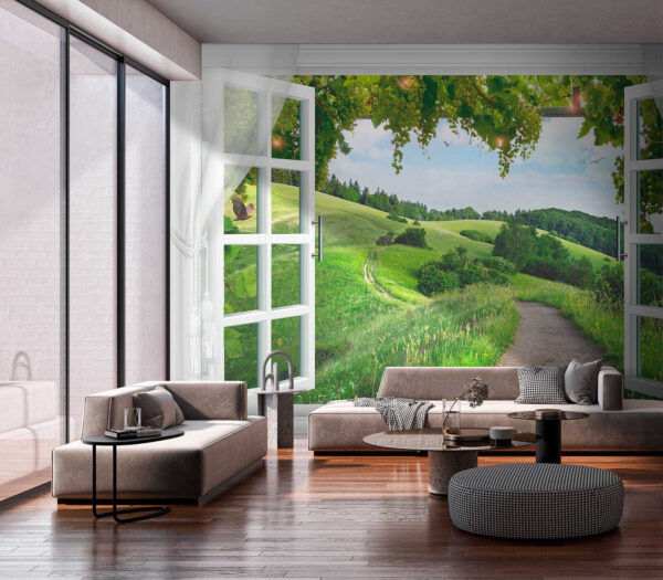 Window with open doors and a path through a grassy field Window with open doors and a path through a grassy field