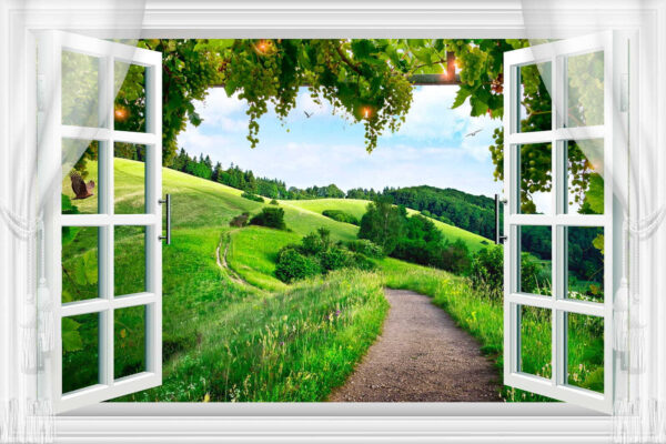 Window with open doors and a path through a grassy field Window with open doors and a path through a grassy field