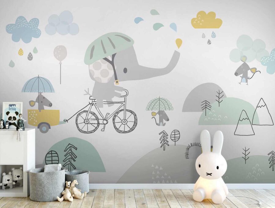 Elefant de desene animate care călărește o bicicletă
