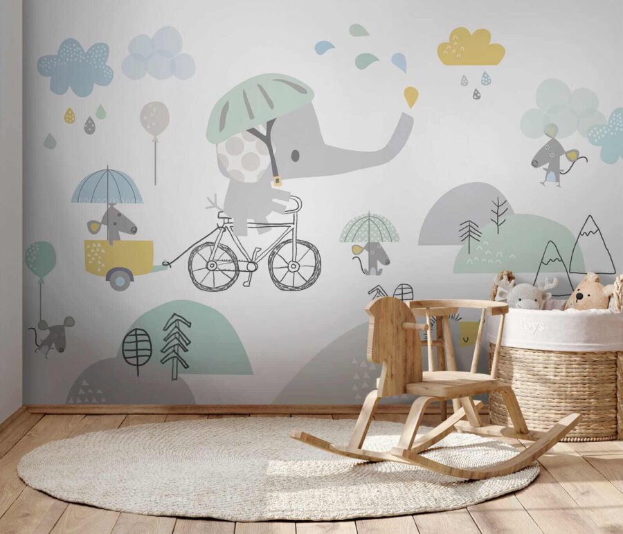 Elefant de desene animate care călărește o bicicletă
