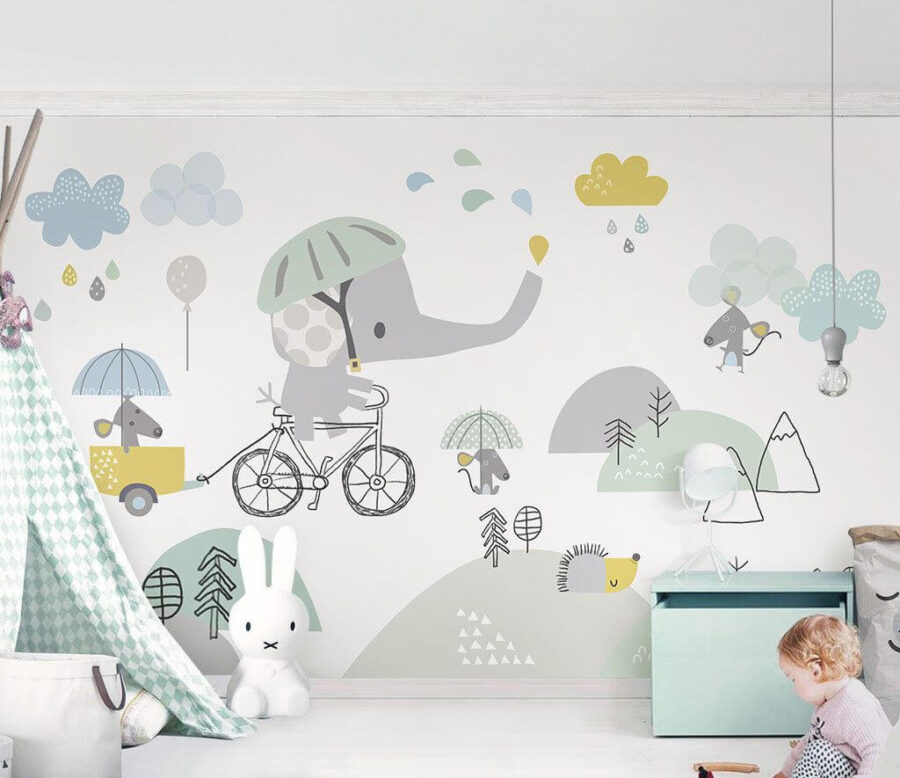 Elefant de desene animate care călărește o bicicletă
