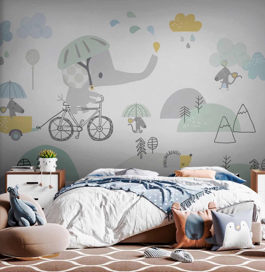 Elefant de desene animate care călărește o bicicletă