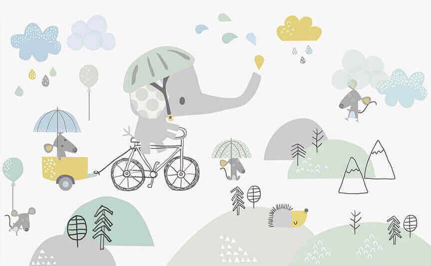 Elefant de desene animate care călărește o bicicletă