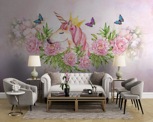 Unicorn cu o coroană și flori Unicorn cu o coroană și flori
