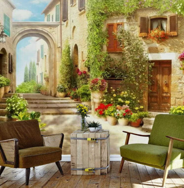 Clădire de piatră cu o ușă și un portal cu plante în ghivece Clădire de piatră cu o ușă și un portal cu plante în ghivece