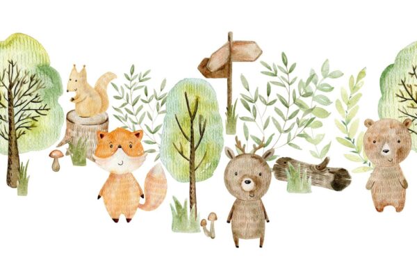 Ilustrație acuarelă de animale și copaci Ilustrație acuarelă de animale și copaci