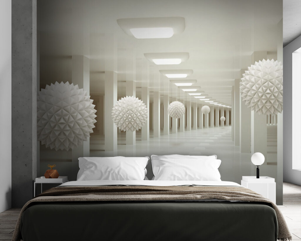White room with white balls from the ceiling