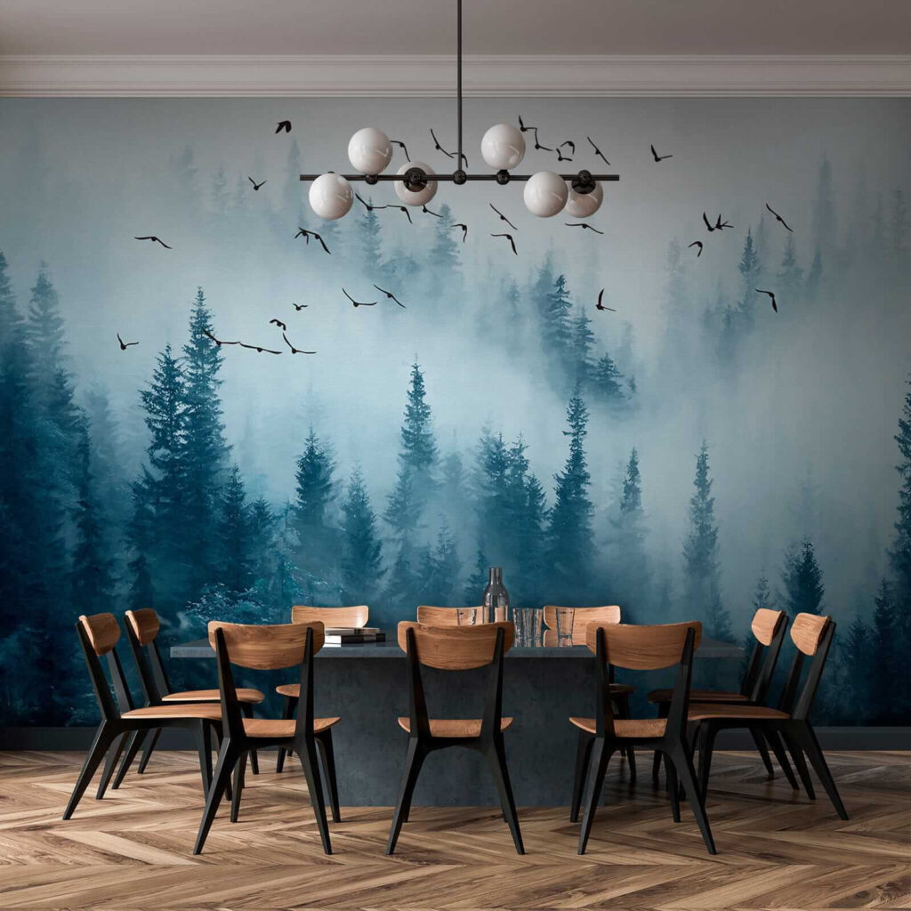 Birds flying over a forest