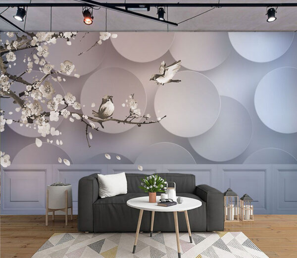 Wall mural de păsări pe o ramură cu cercuri albe și cercuri albe Wall mural de păsări pe o ramură cu cercuri albe și cercuri albe