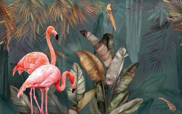Flamingo roz și o pasăre într-o pădure Flamingo roz și o pasăre într-o pădure