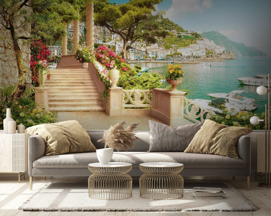 Stone staircase with flowers and trees on the side of the water