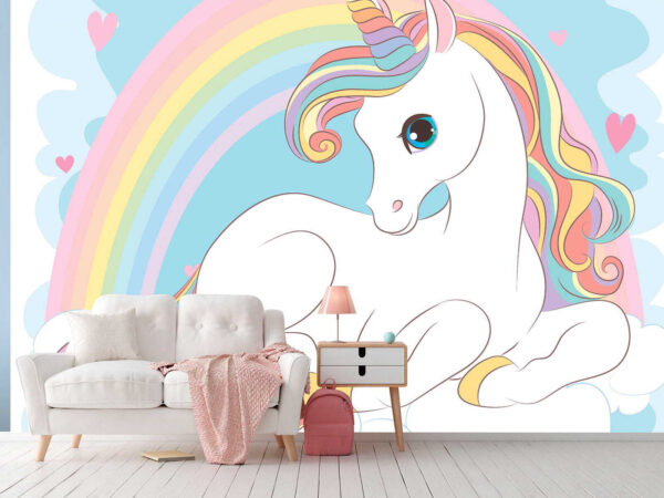 Unicorn stând pe un nor cu curcubeu și inimi Unicorn stând pe un nor cu curcubeu și inimi