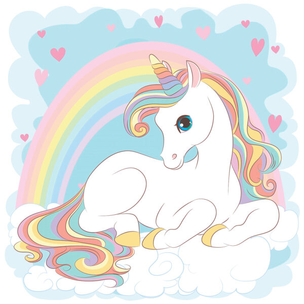 Unicorn stând pe un nor cu curcubeu și inimi Unicorn stând pe un nor cu curcubeu și inimi