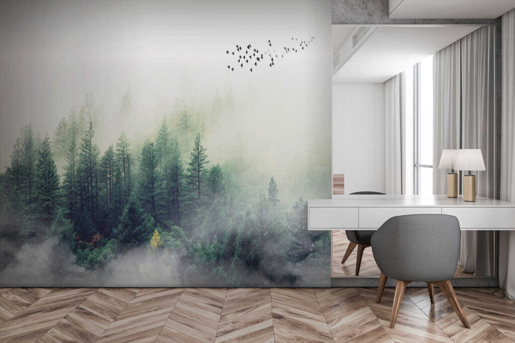 Birds flying over a forest