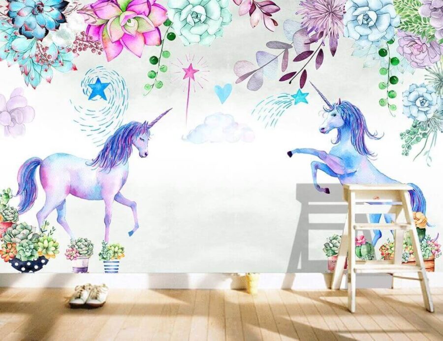 Unicorni și flori de acuarelă
